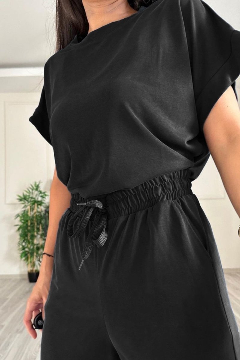 Round Neck Short Sleeve Top and Drawstring Pants Set - AMVIM