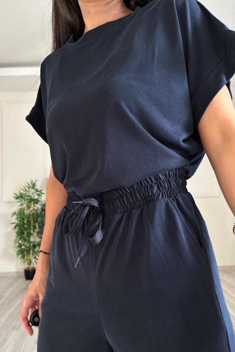 Round Neck Short Sleeve Top and Drawstring Pants Set - AMVIM