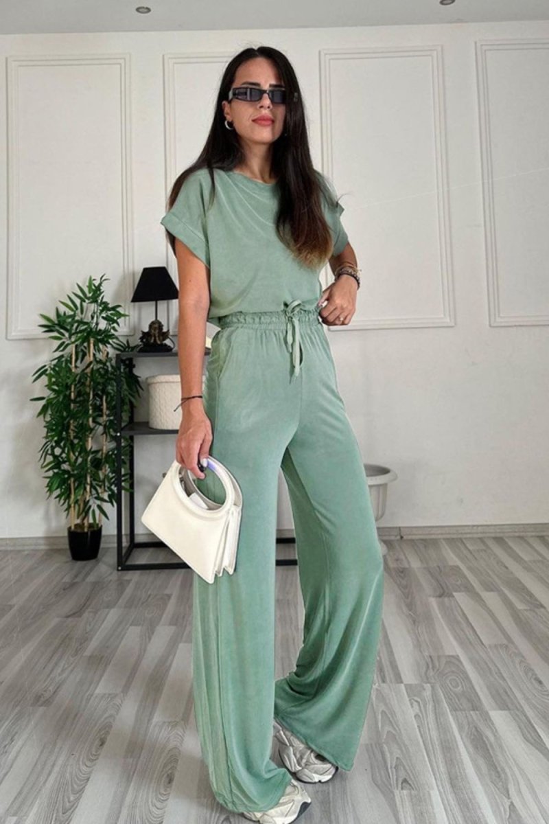 Round Neck Short Sleeve Top and Drawstring Pants Set - AMVIM