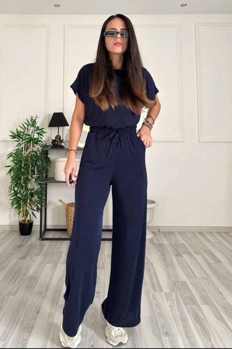 Round Neck Short Sleeve Top and Drawstring Pants Set - AMVIM
