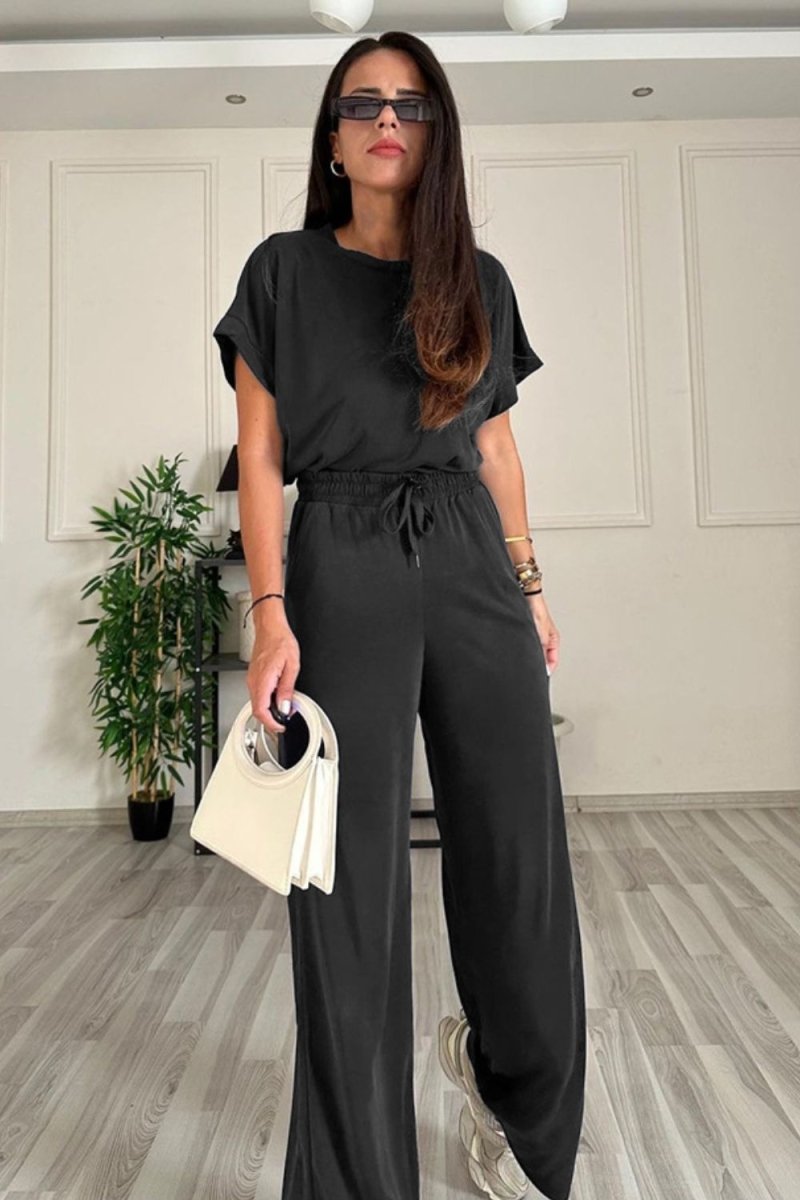 Round Neck Short Sleeve Top and Drawstring Pants Set - AMVIM