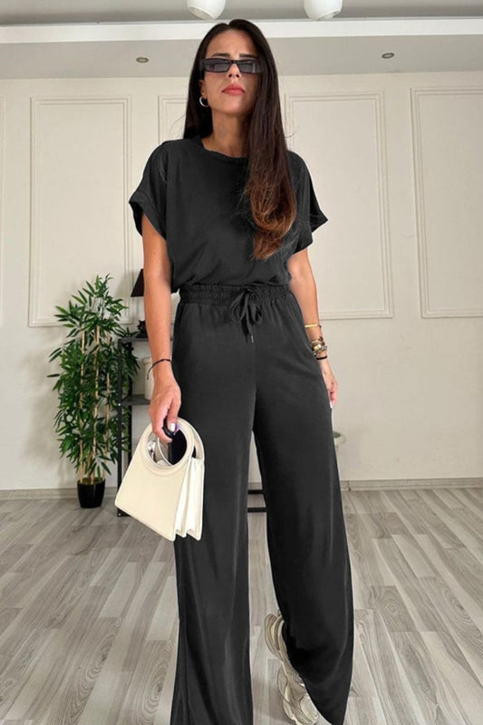 Round Neck Short Sleeve Top and Drawstring Pants Set - AMVIM