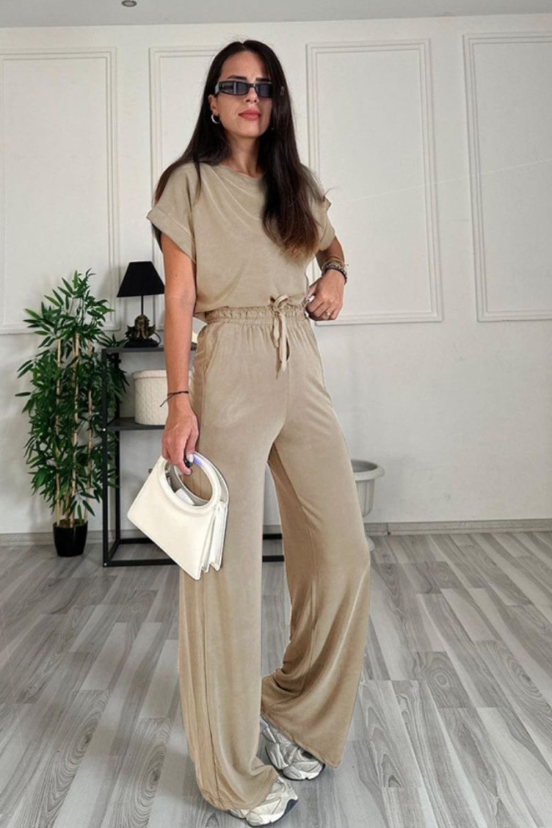 Round Neck Short Sleeve Top and Drawstring Pants Set - AMVIM