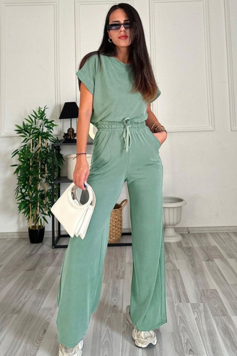 Round Neck Short Sleeve Top and Drawstring Pants Set - AMVIM