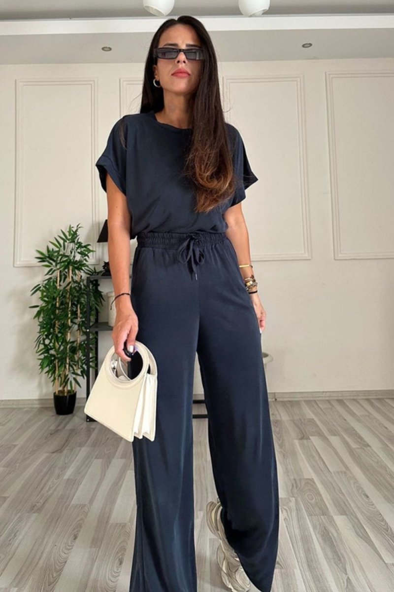 Round Neck Short Sleeve Top and Drawstring Pants Set - AMVIM