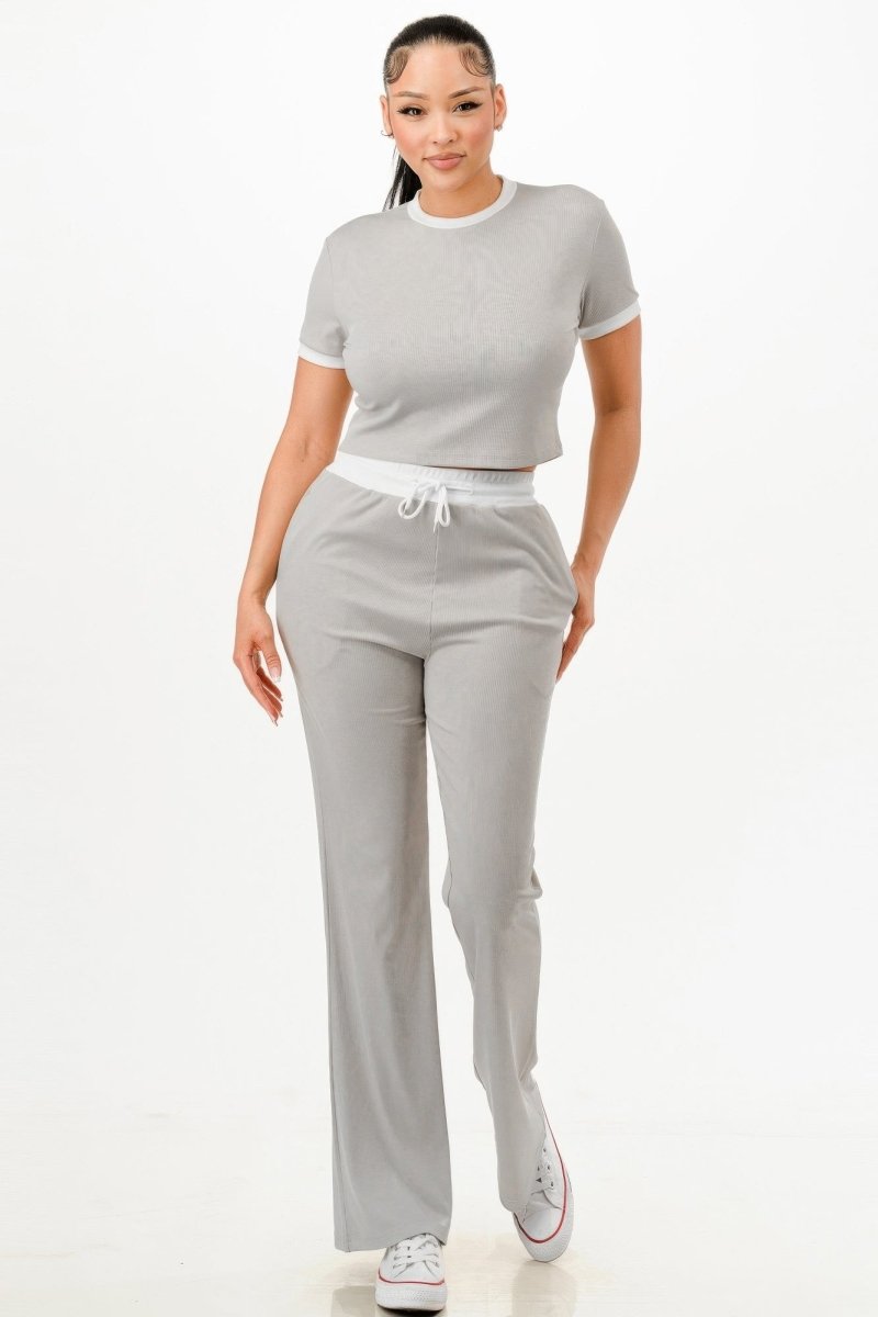 Set Ribbed Crop Top and Pants Grey Polyester Spandex - AMVIM