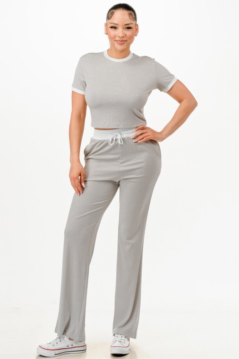 Set Ribbed Crop Top and Pants Grey Polyester Spandex - AMVIM
