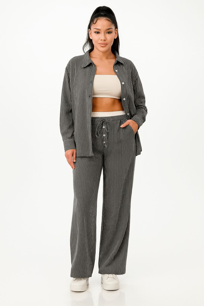 Shirt and Pants Set Pinstripe Polyester Lounge Casualwear - AMVIM