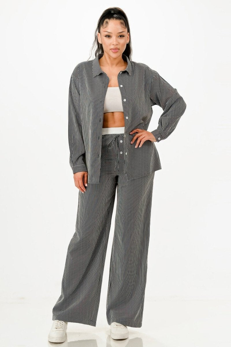 Shirt and Pants Set Pinstripe Polyester Lounge Casualwear - AMVIM