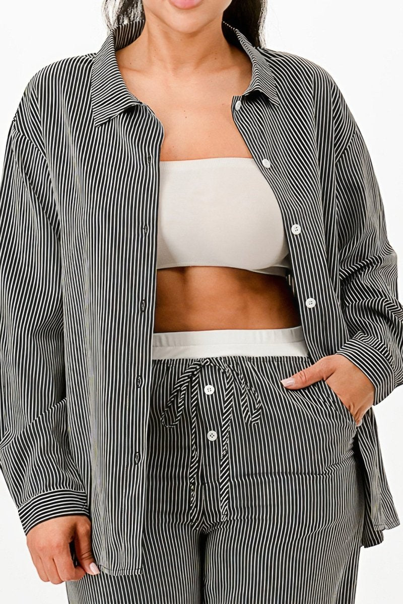 Shirt and Pants Set Pinstripe Polyester Lounge Casualwear - AMVIM