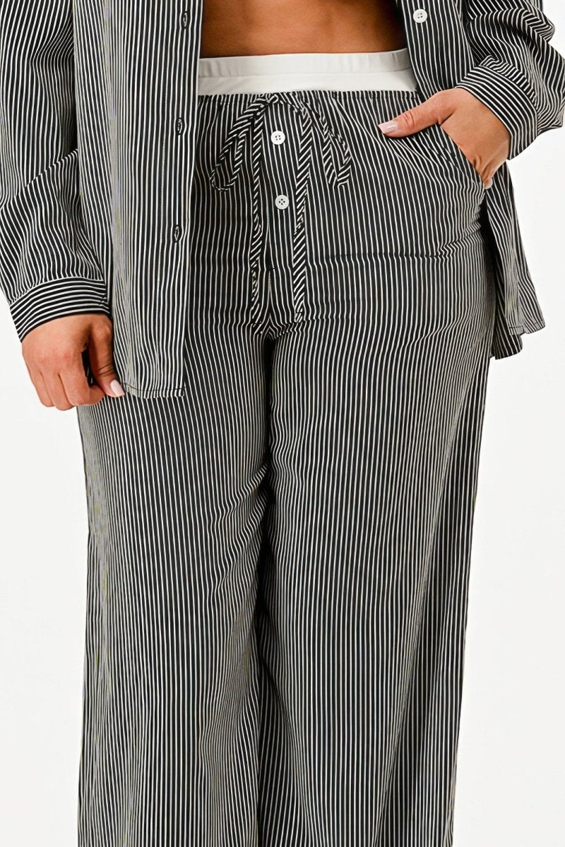 Shirt and Pants Set Pinstripe Polyester Lounge Casualwear - AMVIM