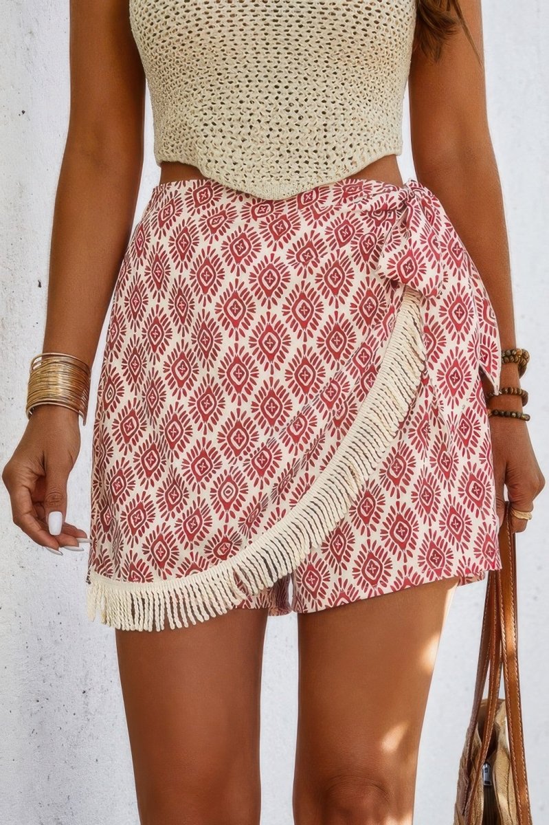 Short Skort Asymmetric Hem Tassel Summer Print Shorts - AMVIM