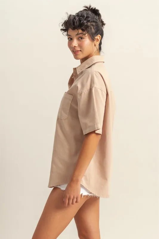 Short Sleeve Button Down Oversized Shirt for Women - AMVIM
