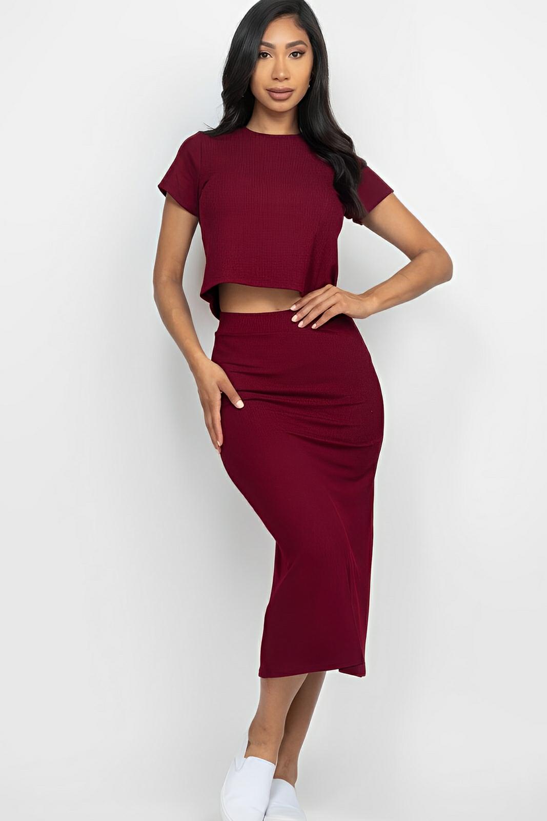 Short Sleeve Ribbed Top & Midi Skirt Se - AMVIM