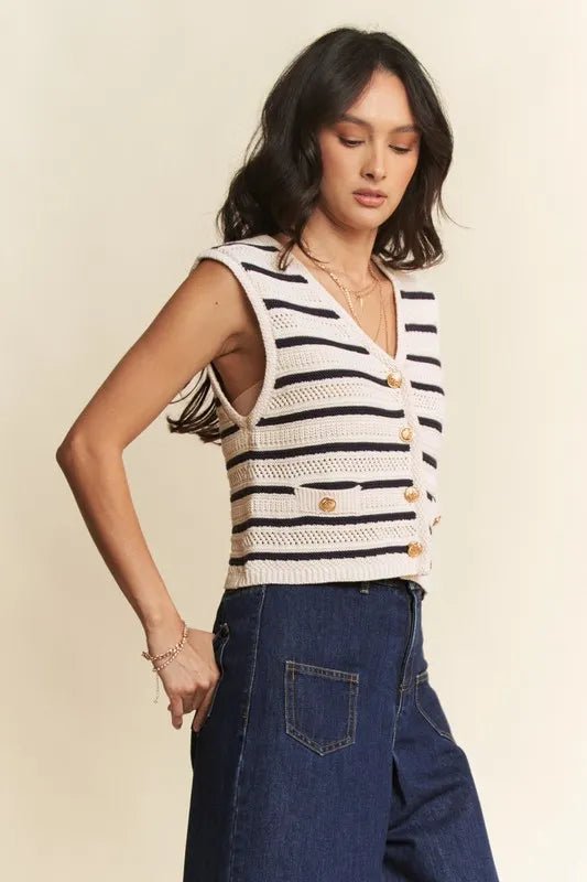 Sleeveless Cropped Striped Sweater Knit Vest Top - AMVIM