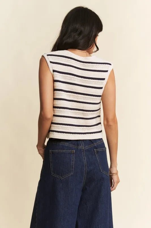 Sleeveless Cropped Striped Sweater Knit Vest Top - AMVIM