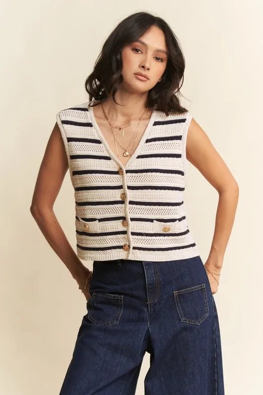 Sleeveless Cropped Striped Sweater Knit Vest Top - AMVIM