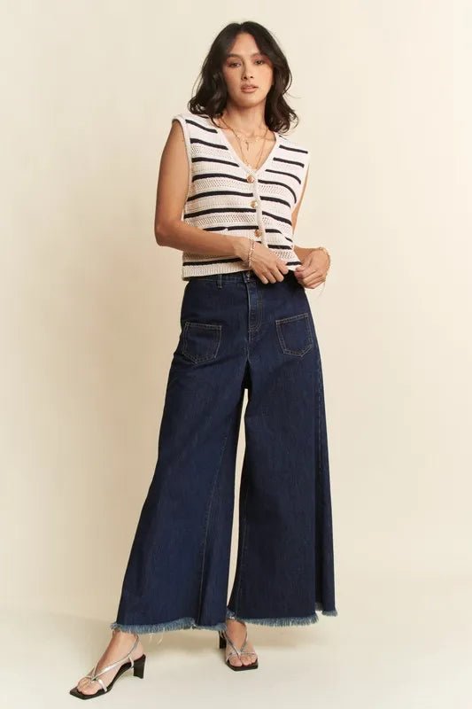 Sleeveless Cropped Striped Sweater Knit Vest Top - AMVIM