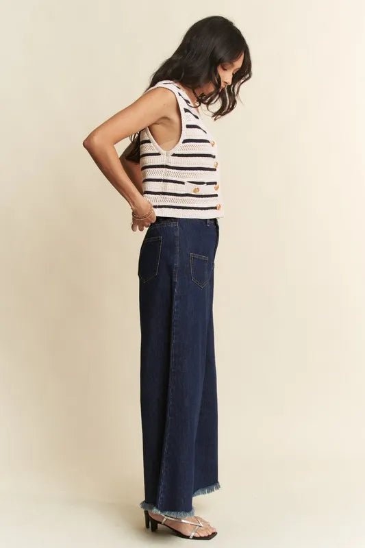 Sleeveless Cropped Striped Sweater Knit Vest Top - AMVIM