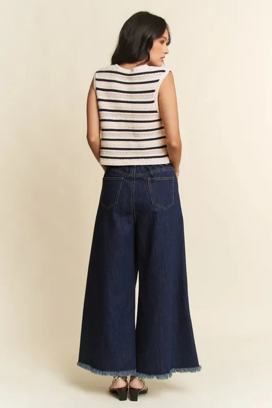 Sleeveless Cropped Striped Sweater Knit Vest Top - AMVIM