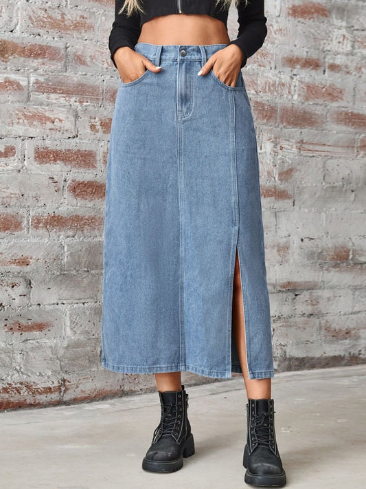 Slit High Waist Denim Skirt with Pockets - AMVIM