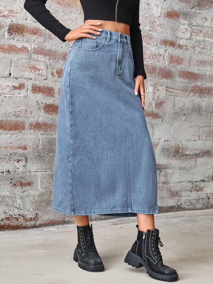 Slit High Waist Denim Skirt with Pockets - AMVIM