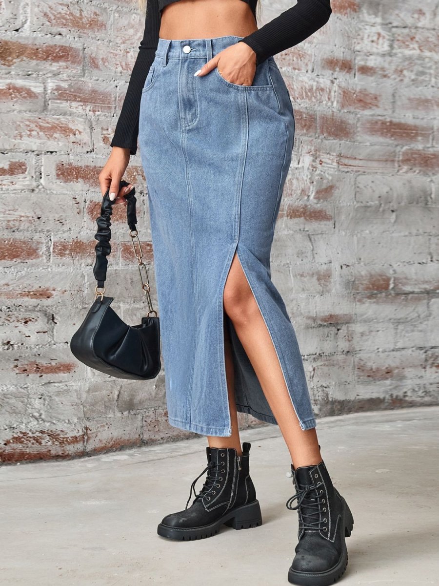 Slit High Waist Denim Skirt with Pockets - AMVIM