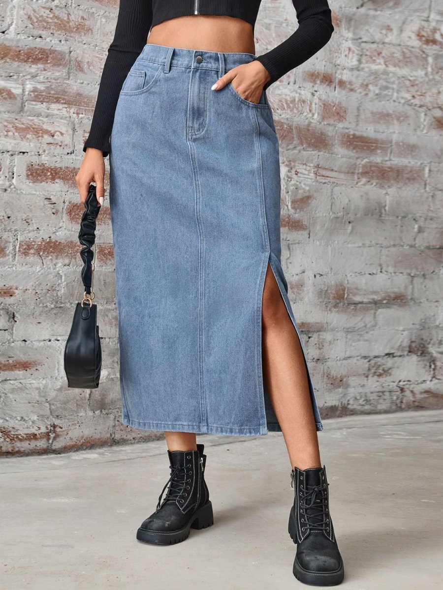 Slit High Waist Denim Skirt with Pockets - AMVIM