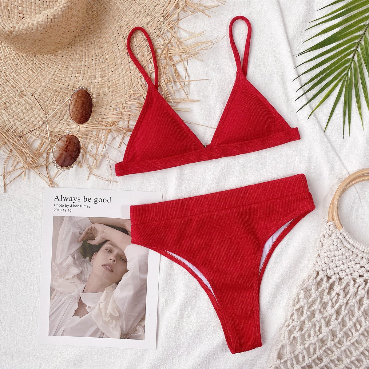 Spaghetti Strap Ribbed Bikini Set - AMVIM