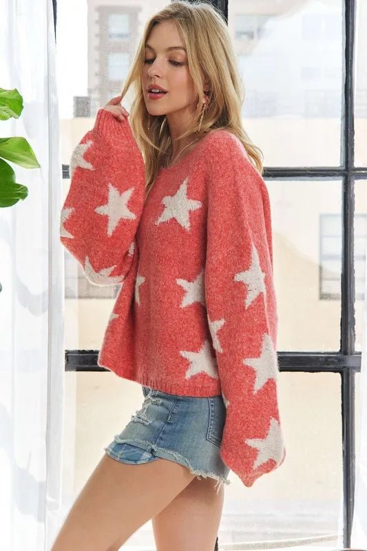Star pattern oversized knit sweater for casual wear - AMVIM