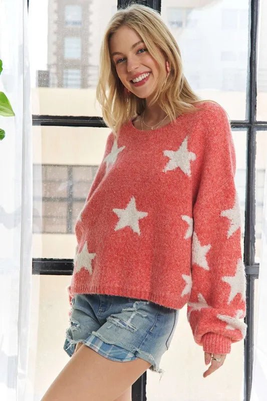 Star pattern oversized knit sweater for casual wear - AMVIM