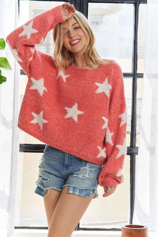 Star pattern oversized knit sweater for casual wear - AMVIM