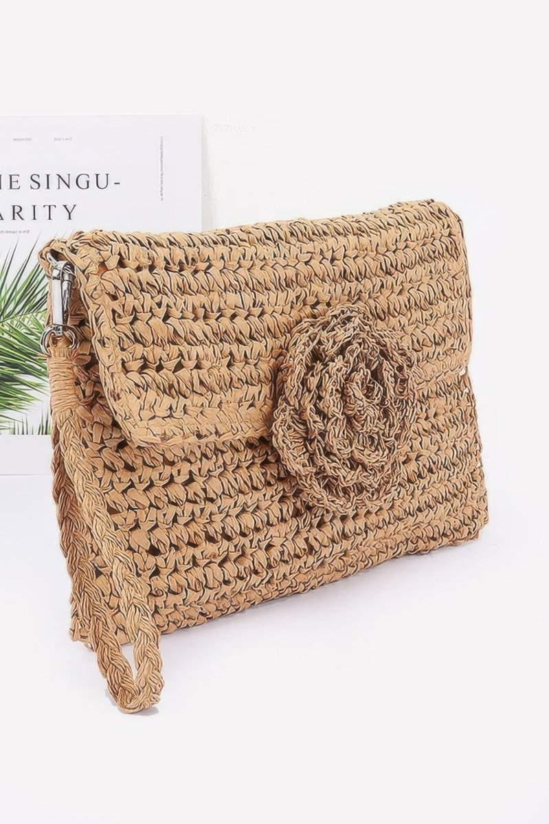 Straw Flower Flap Clutch Natural Straw Handwoven - AMVIM