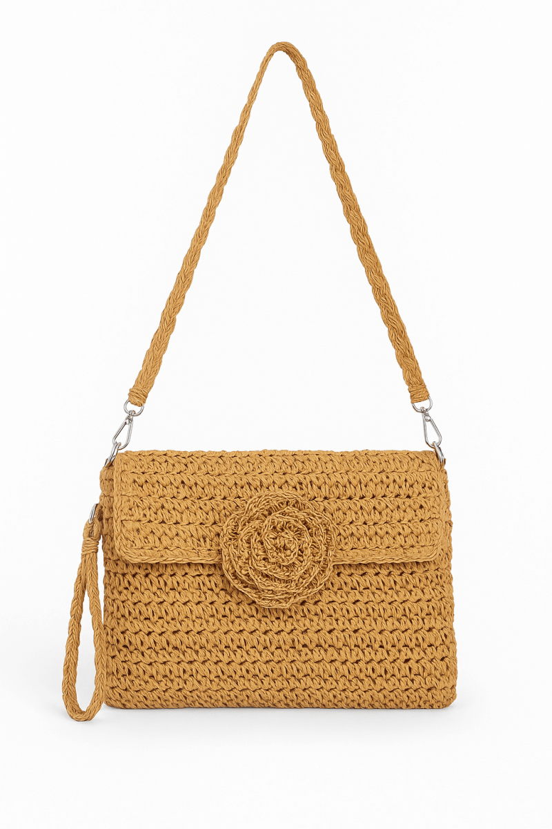 Straw Flower Flap Clutch Natural Straw Handwoven - AMVIM