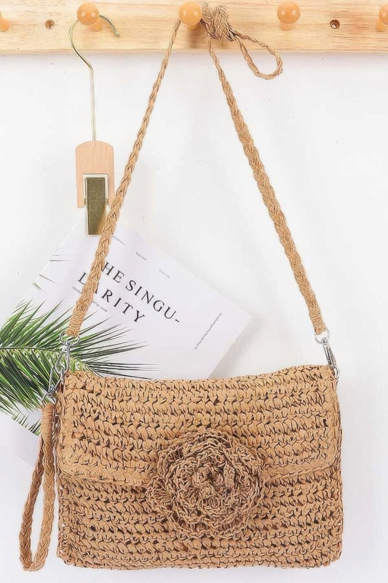 Straw Flower Flap Clutch Natural Straw Handwoven - AMVIM