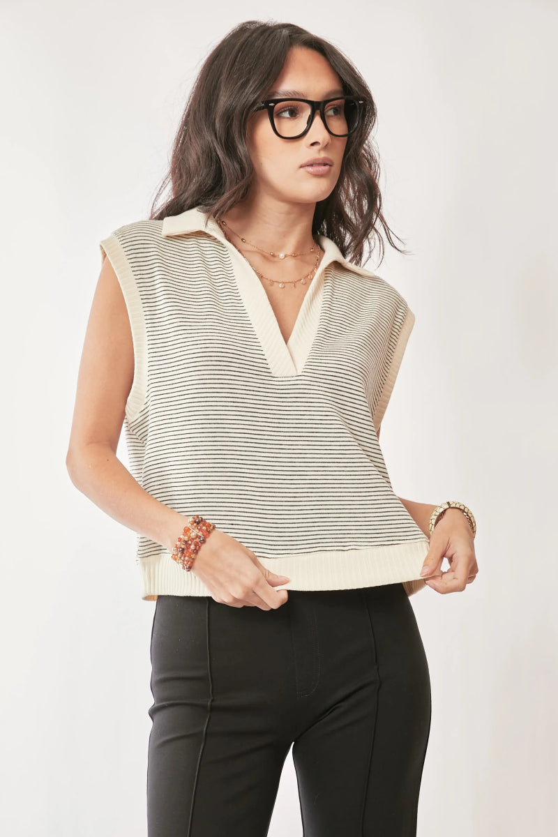 Striped knit sweater vest with V - neckline, sleeveless cut - AMVIM