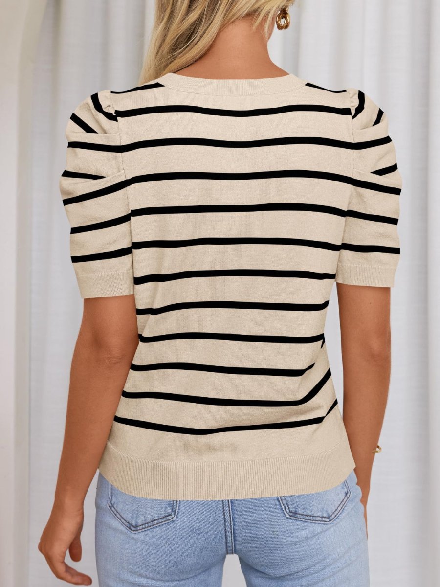 Striped Round Neck Puff Sleeve Knit Top - AMVIM