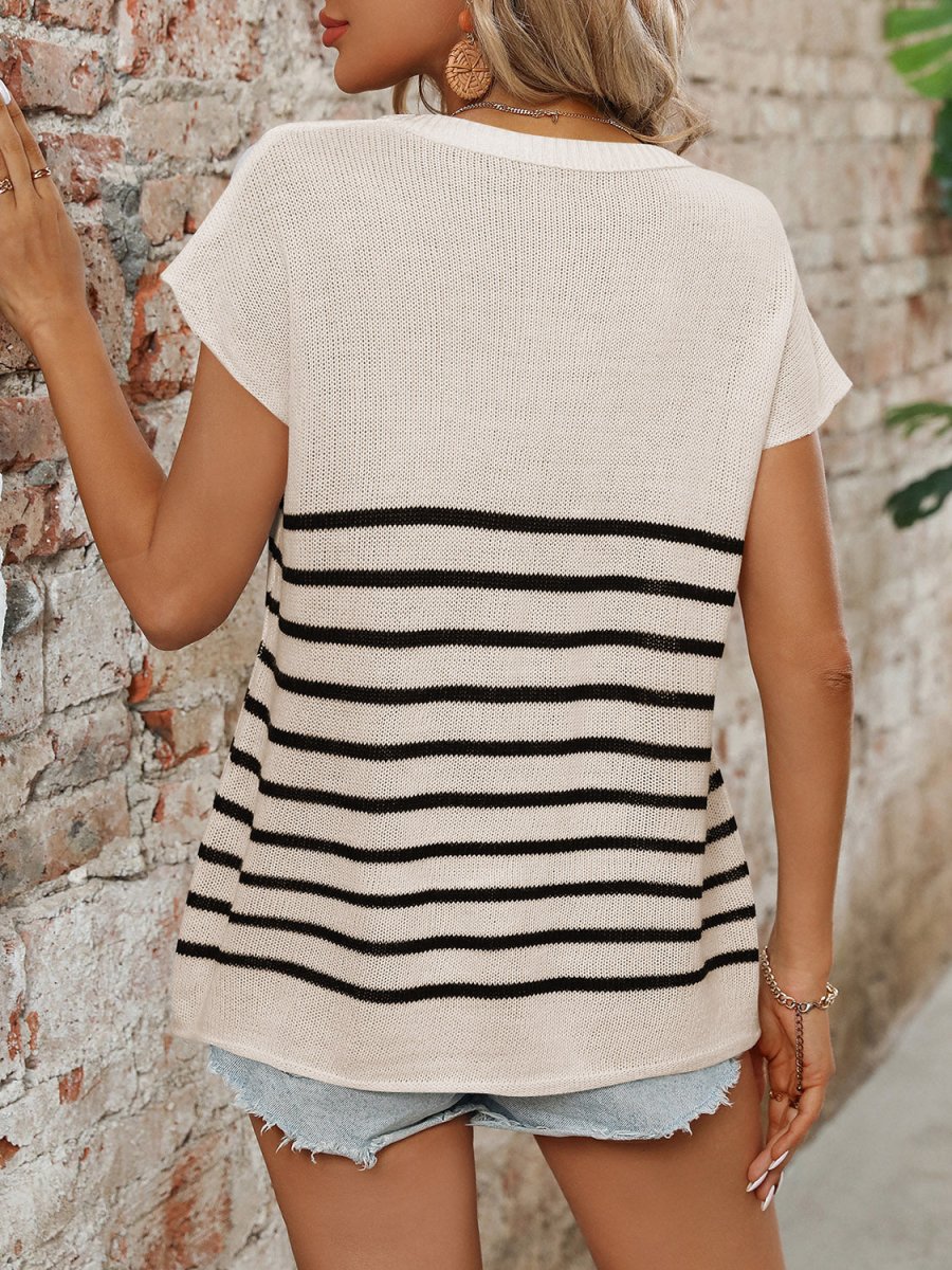 Striped Round Neck Short Sleeve Knit Top - AMVIM