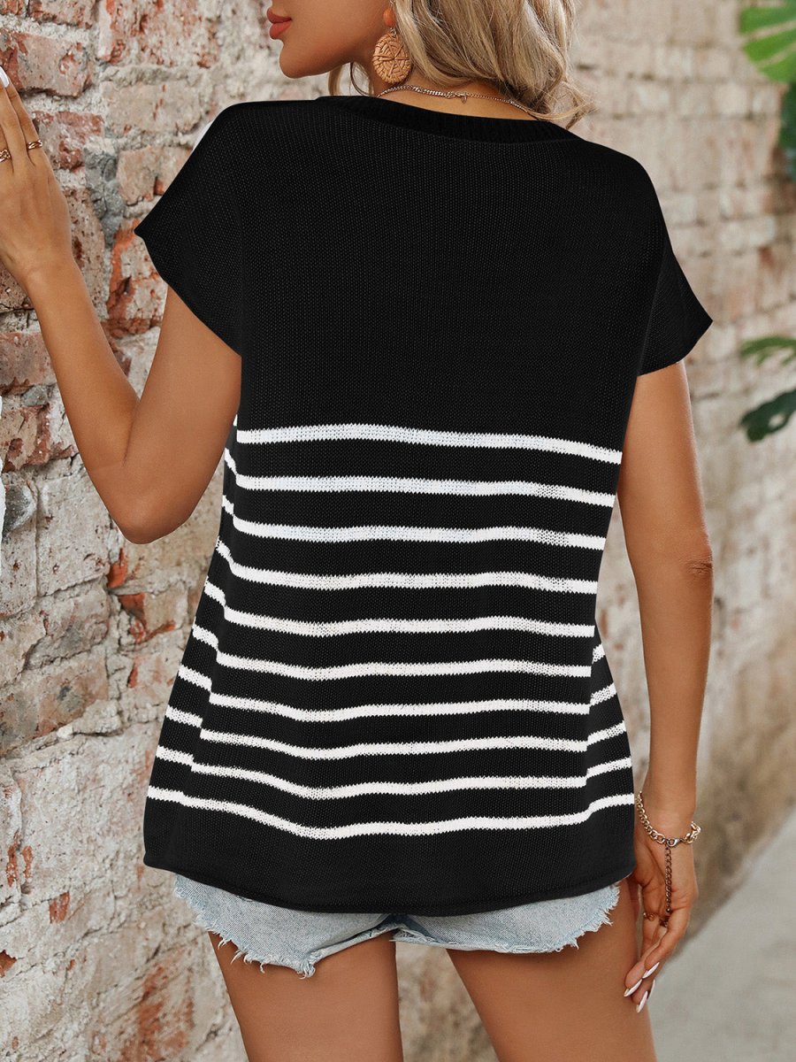 Striped Round Neck Short Sleeve Knit Top - AMVIM