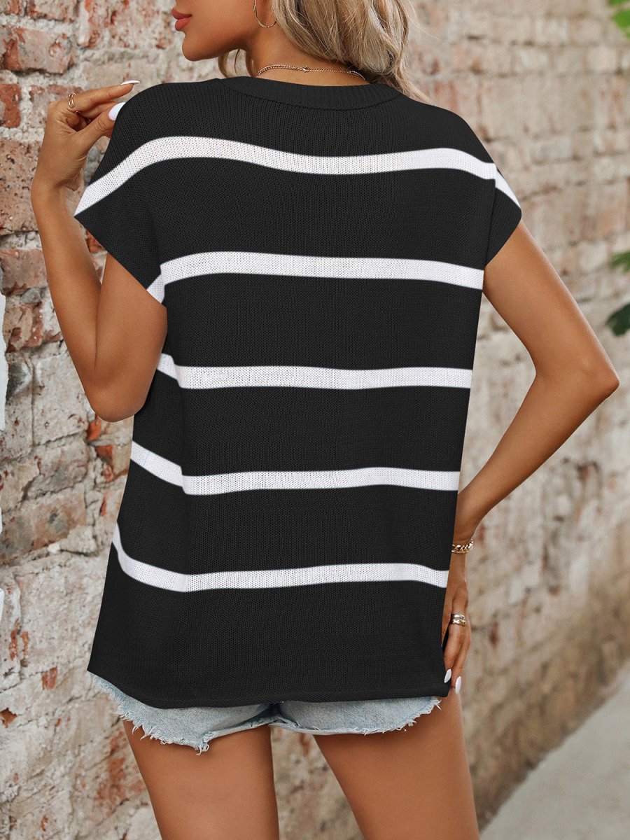 Striped Round Neck Short Sleeve Knit Top - AMVIM