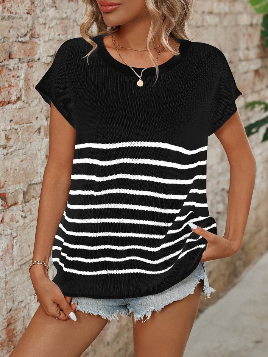 Striped Round Neck Short Sleeve Knit Top - AMVIM