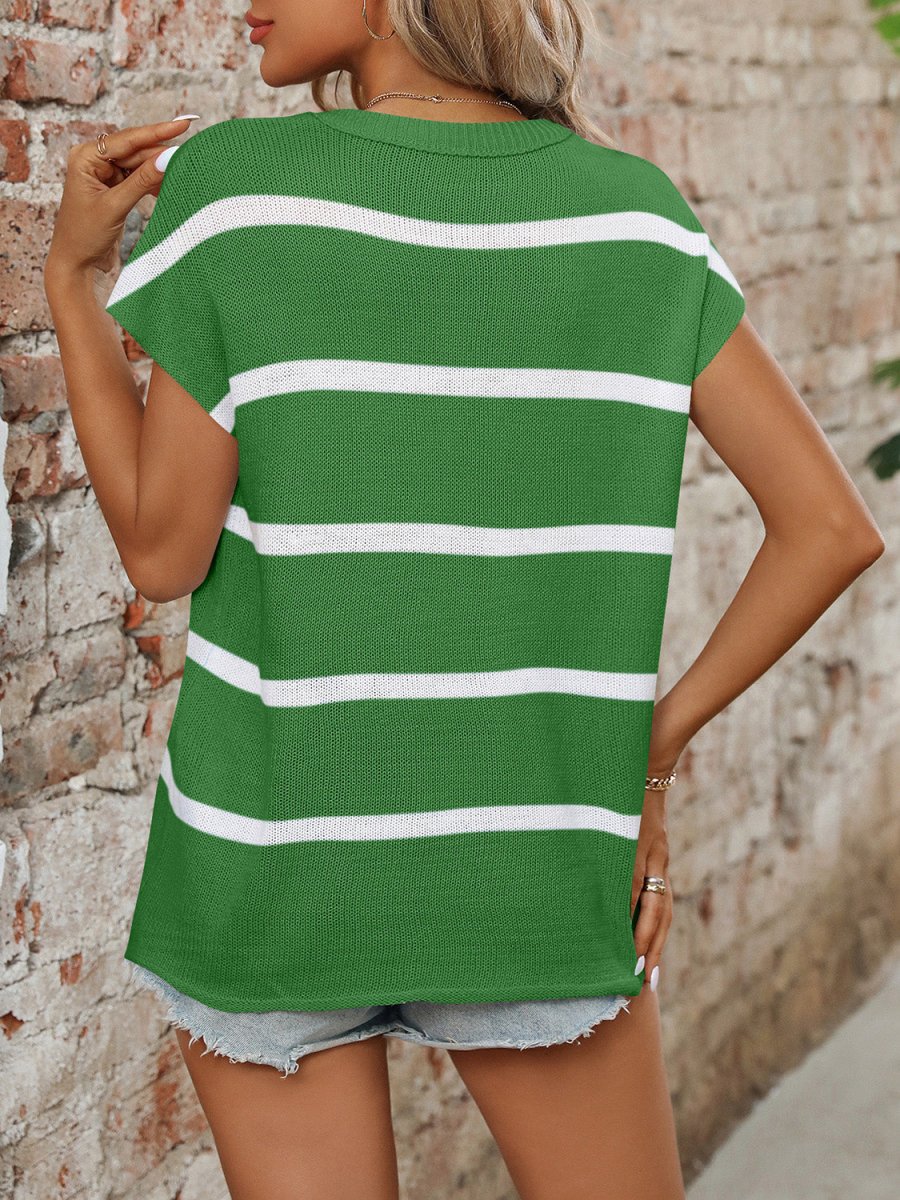 Striped Round Neck Short Sleeve Knit Top - AMVIM