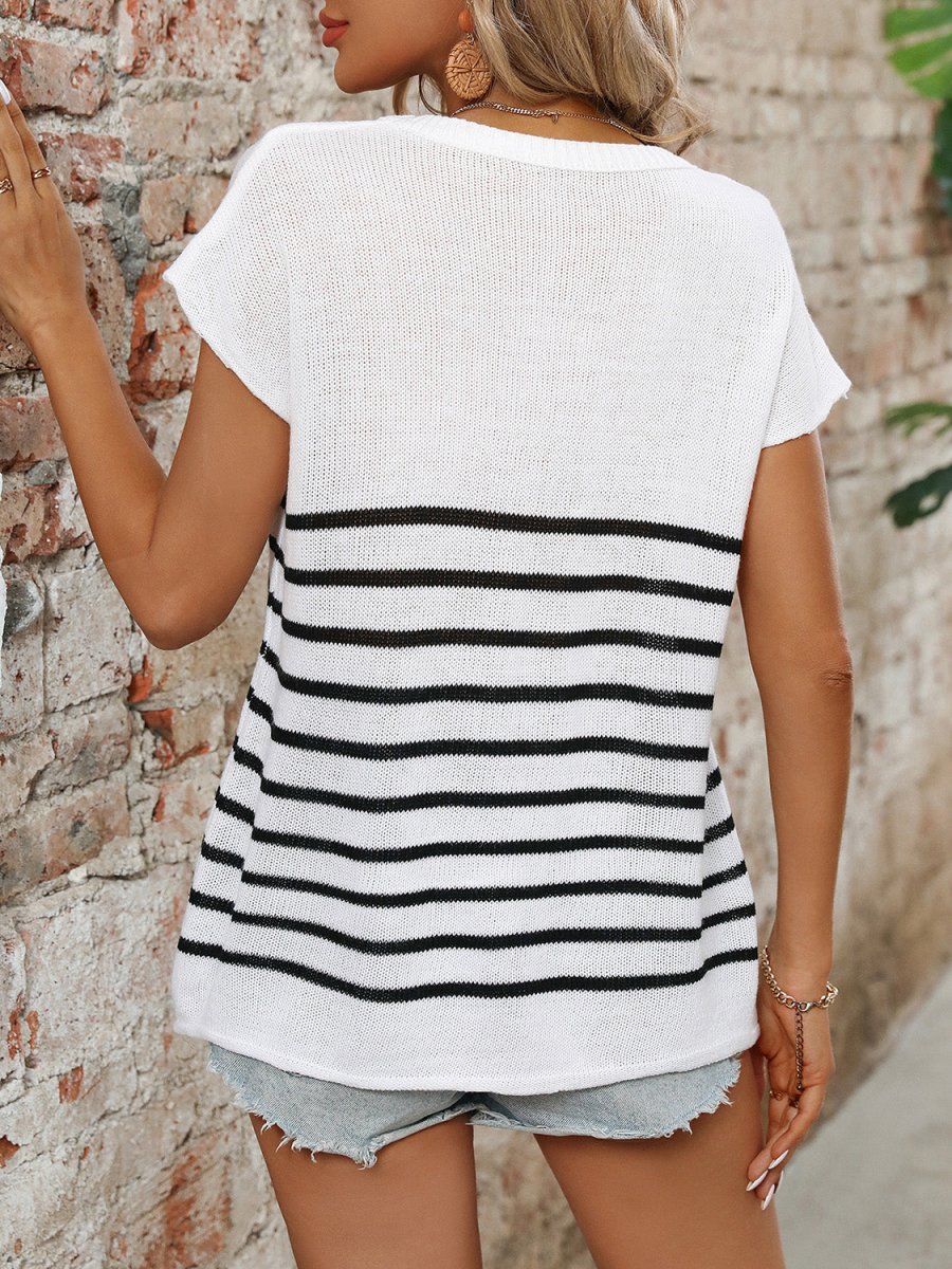 Striped Round Neck Short Sleeve Knit Top - AMVIM