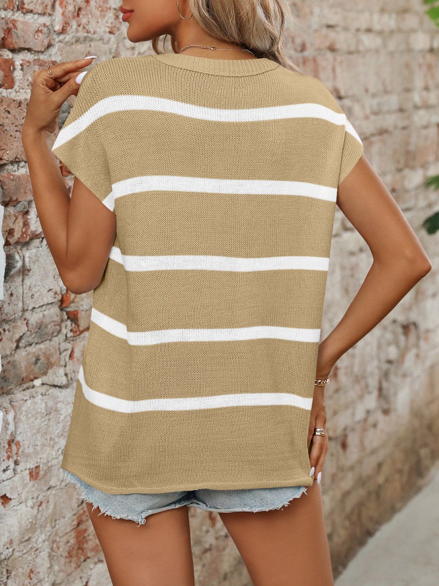 Striped Round Neck Short Sleeve Knit Top - AMVIM