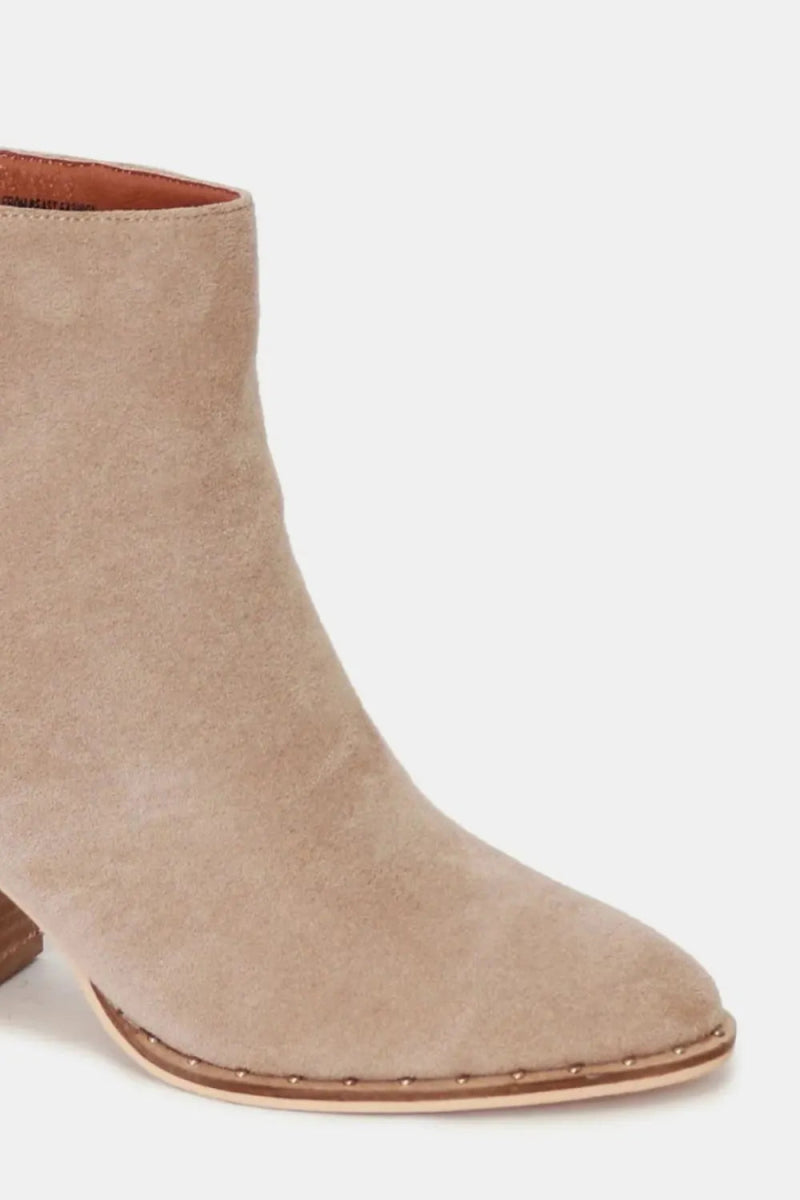 Suede point toe ankle booties with mid stacked heel - AMVIM
