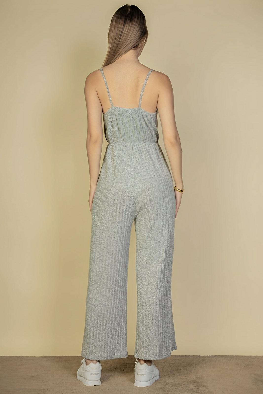 Sweater - knit Fuzzy Frenchy Tie Front Cami Jumpsuit - AMVIM