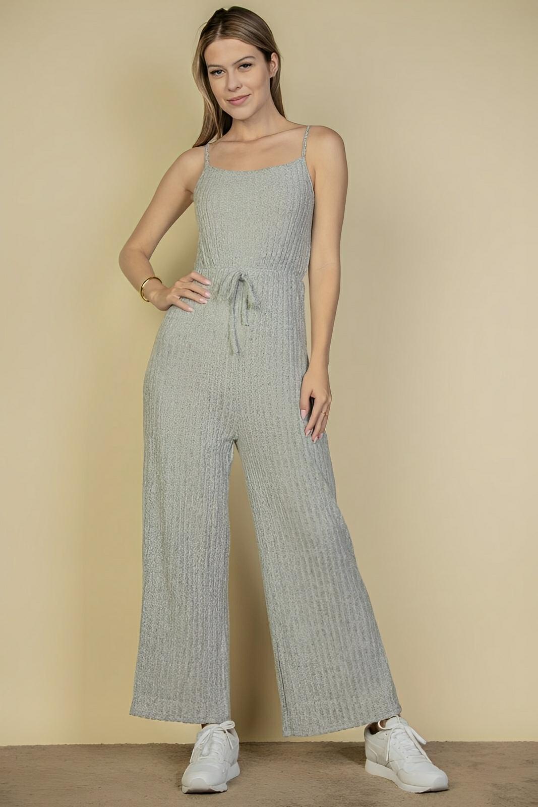 Sweater - knit Fuzzy Frenchy Tie Front Cami Jumpsuit - AMVIM