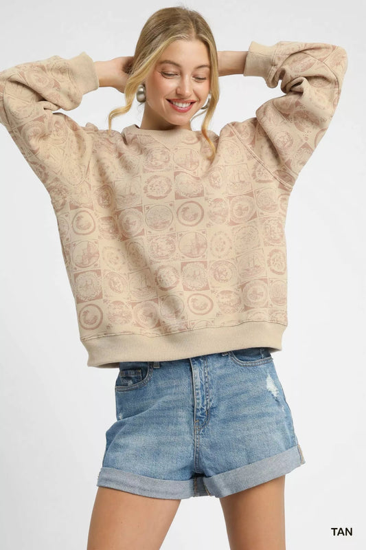 Sweatshirt Tan Coin Stamp Print Pullover Cotton Blend - AMVIM