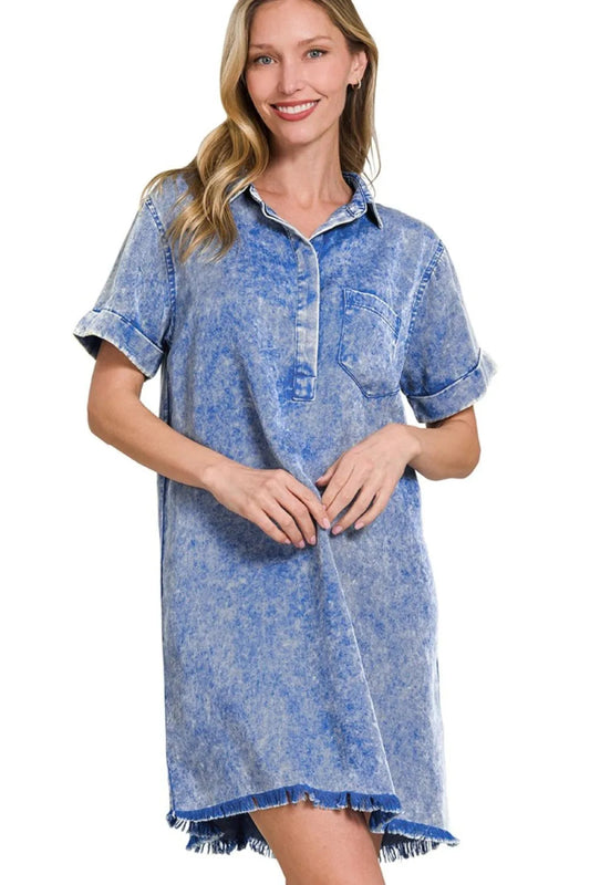 Tencel mineral washed shirt dress with collar – 100% TENCEL - AMVIM