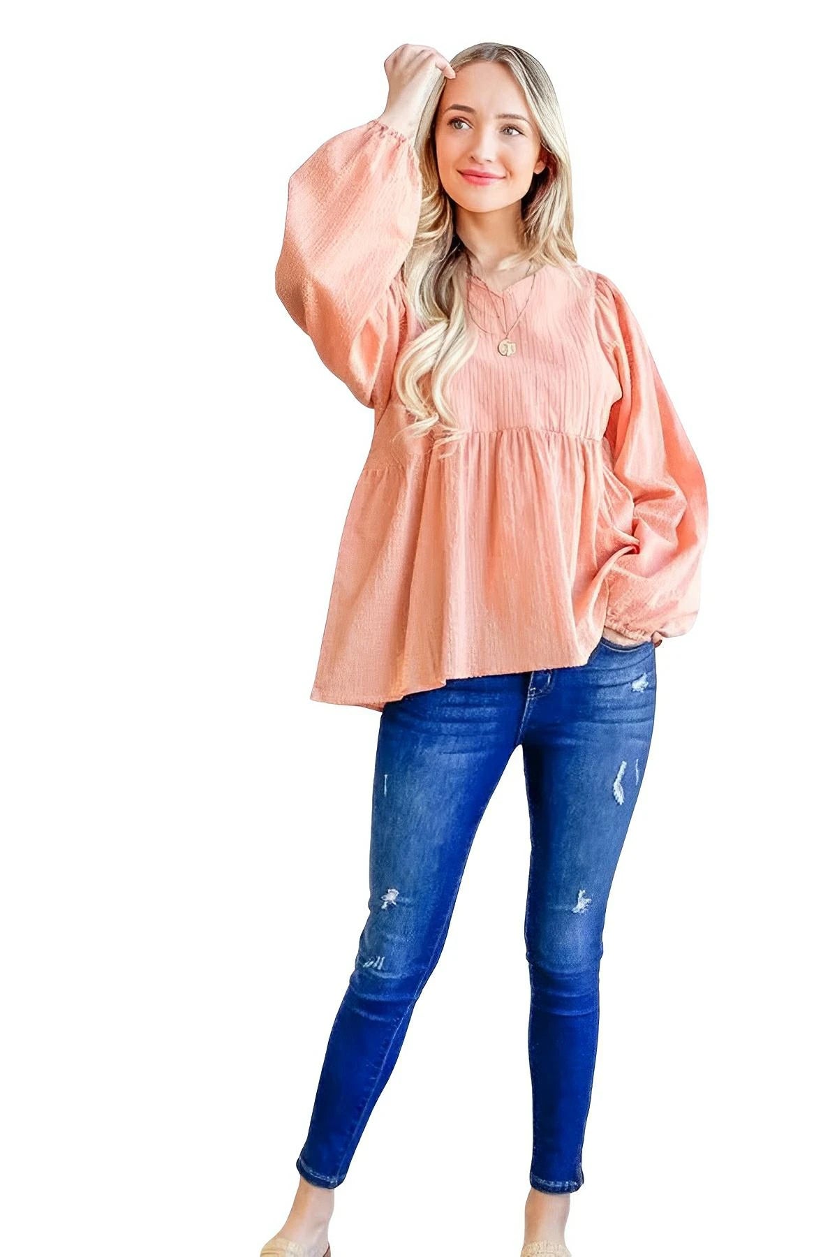 Textured V - Neck Flowy Ruffle Blouse for Office or Casual - AMVIM